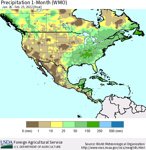 North America Precipitation 1-Month (WMO) Thematic Map For 1/26/2022 - 2/25/2022