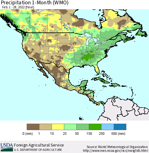 North America Precipitation 1-Month (WMO) Thematic Map For 2/1/2022 - 2/28/2022