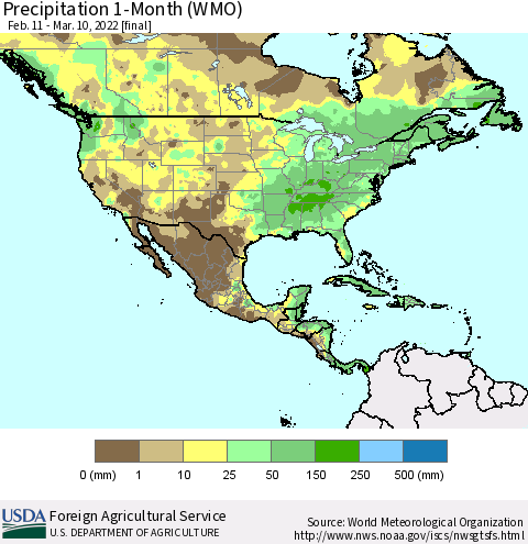 North America Precipitation 1-Month (WMO) Thematic Map For 2/11/2022 - 3/10/2022