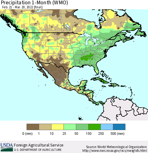 North America Precipitation 1-Month (WMO) Thematic Map For 2/21/2022 - 3/20/2022