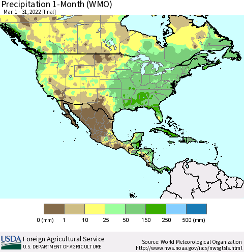 North America Precipitation 1-Month (WMO) Thematic Map For 3/1/2022 - 3/31/2022
