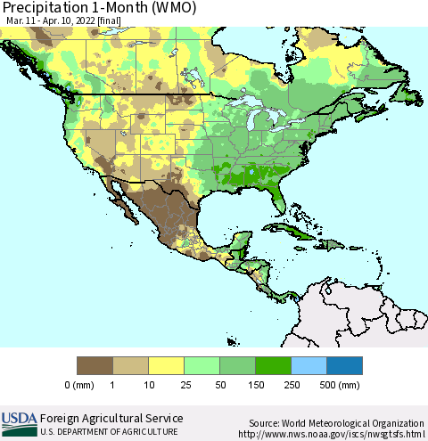 North America Precipitation 1-Month (WMO) Thematic Map For 3/11/2022 - 4/10/2022