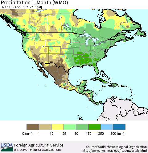 North America Precipitation 1-Month (WMO) Thematic Map For 3/16/2022 - 4/15/2022