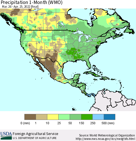 North America Precipitation 1-Month (WMO) Thematic Map For 3/26/2022 - 4/25/2022
