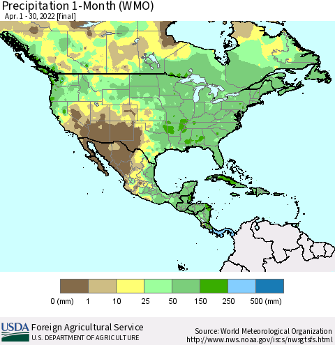 North America Precipitation 1-Month (WMO) Thematic Map For 4/1/2022 - 4/30/2022