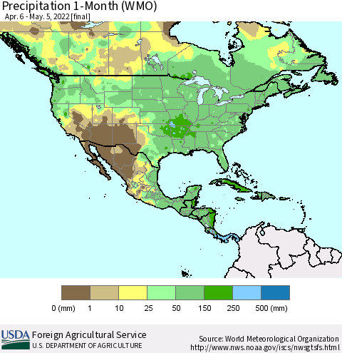 North America Precipitation 1-Month (WMO) Thematic Map For 4/6/2022 - 5/5/2022