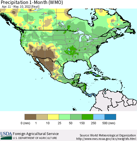 North America Precipitation 1-Month (WMO) Thematic Map For 4/11/2022 - 5/10/2022