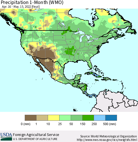 North America Precipitation 1-Month (WMO) Thematic Map For 4/16/2022 - 5/15/2022