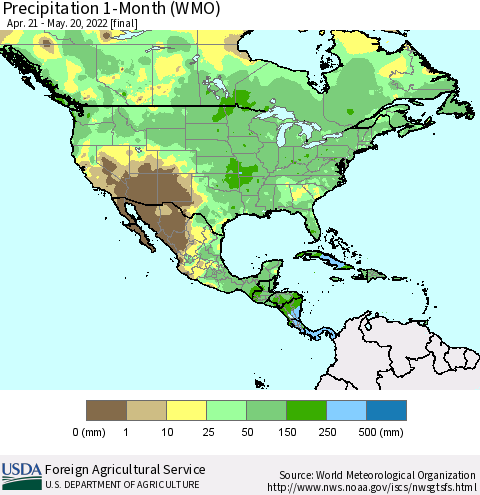 North America Precipitation 1-Month (WMO) Thematic Map For 4/21/2022 - 5/20/2022