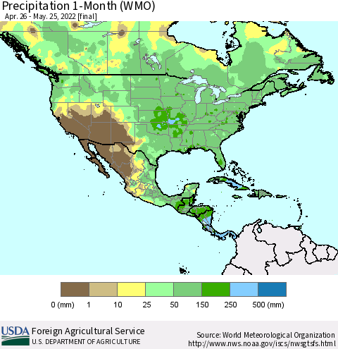 North America Precipitation 1-Month (WMO) Thematic Map For 4/26/2022 - 5/25/2022