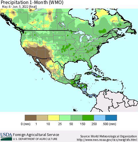 North America Precipitation 1-Month (WMO) Thematic Map For 5/6/2022 - 6/5/2022
