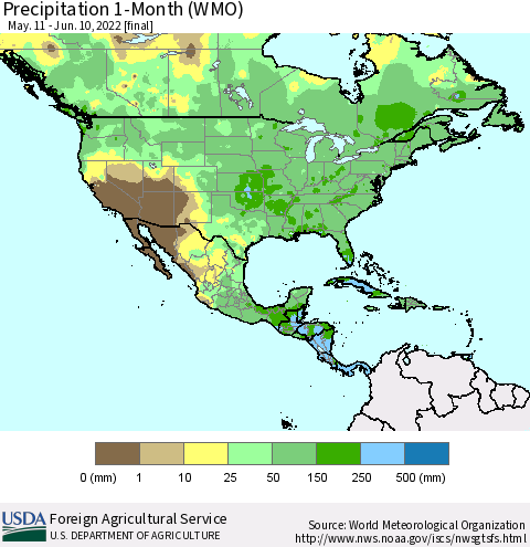 North America Precipitation 1-Month (WMO) Thematic Map For 5/11/2022 - 6/10/2022