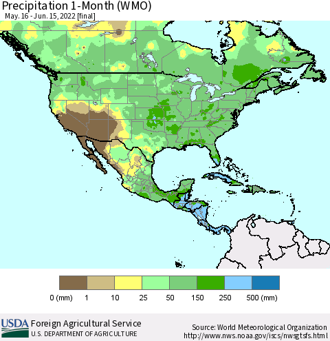 North America Precipitation 1-Month (WMO) Thematic Map For 5/16/2022 - 6/15/2022