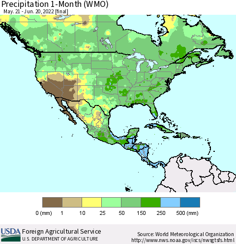 North America Precipitation 1-Month (WMO) Thematic Map For 5/21/2022 - 6/20/2022
