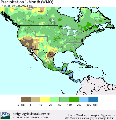 North America Precipitation 1-Month (WMO) Thematic Map For 5/26/2022 - 6/25/2022
