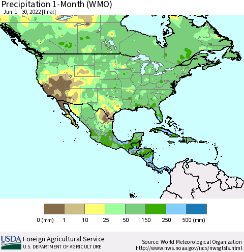 North America Precipitation 1-Month (WMO) Thematic Map For 6/1/2022 - 6/30/2022