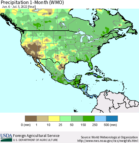 North America Precipitation 1-Month (WMO) Thematic Map For 6/6/2022 - 7/5/2022