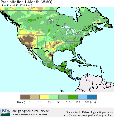 North America Precipitation 1-Month (WMO) Thematic Map For 6/11/2022 - 7/10/2022