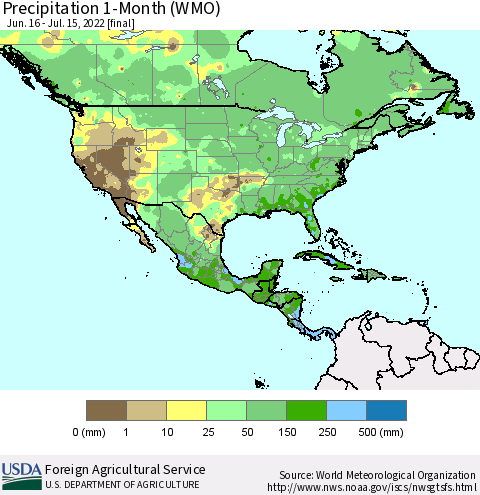 North America Precipitation 1-Month (WMO) Thematic Map For 6/16/2022 - 7/15/2022