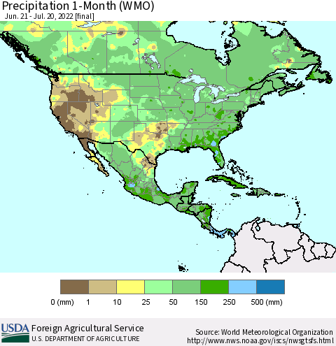 North America Precipitation 1-Month (WMO) Thematic Map For 6/21/2022 - 7/20/2022