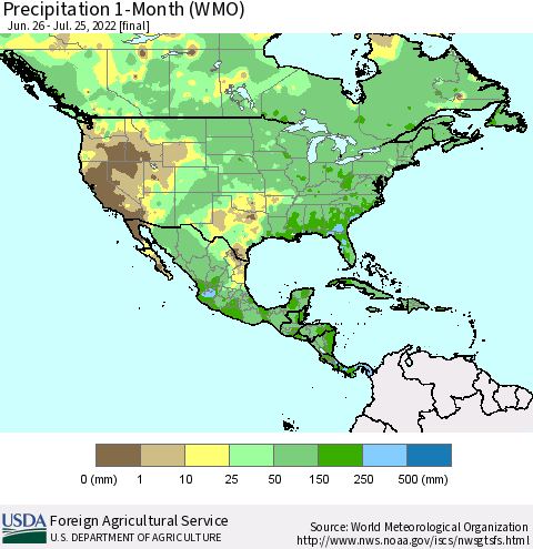 North America Precipitation 1-Month (WMO) Thematic Map For 6/26/2022 - 7/25/2022