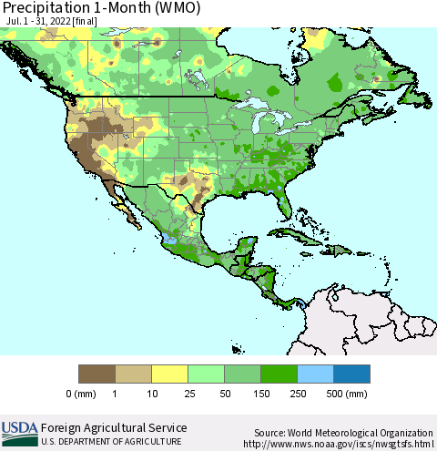 North America Precipitation 1-Month (WMO) Thematic Map For 7/1/2022 - 7/31/2022