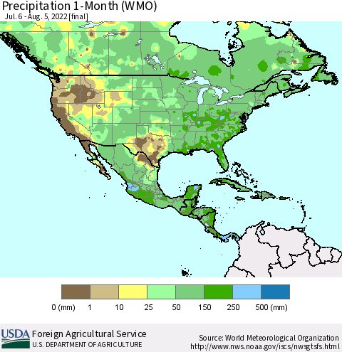 North America Precipitation 1-Month (WMO) Thematic Map For 7/6/2022 - 8/5/2022
