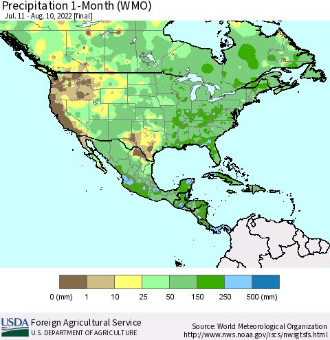 North America Precipitation 1-Month (WMO) Thematic Map For 7/11/2022 - 8/10/2022