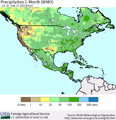 North America Precipitation 1-Month (WMO) Thematic Map For 7/16/2022 - 8/15/2022