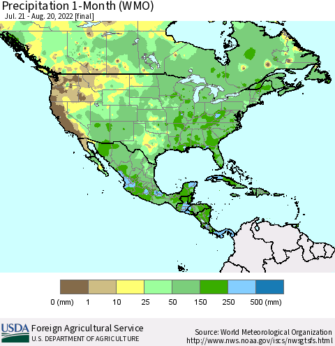 North America Precipitation 1-Month (WMO) Thematic Map For 7/21/2022 - 8/20/2022