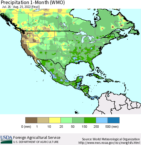 North America Precipitation 1-Month (WMO) Thematic Map For 7/26/2022 - 8/25/2022