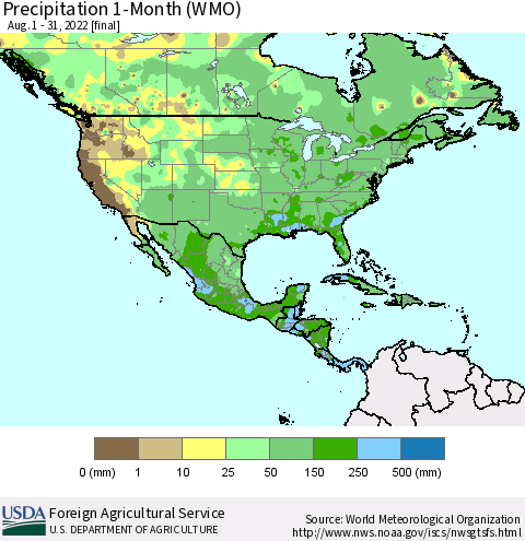 North America Precipitation 1-Month (WMO) Thematic Map For 8/1/2022 - 8/31/2022