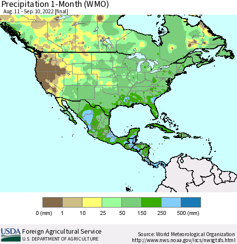 North America Precipitation 1-Month (WMO) Thematic Map For 8/11/2022 - 9/10/2022