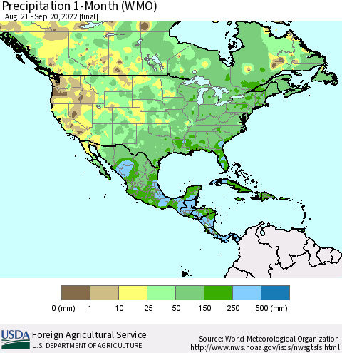North America Precipitation 1-Month (WMO) Thematic Map For 8/21/2022 - 9/20/2022