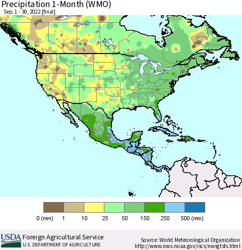 North America Precipitation 1-Month (WMO) Thematic Map For 9/1/2022 - 9/30/2022