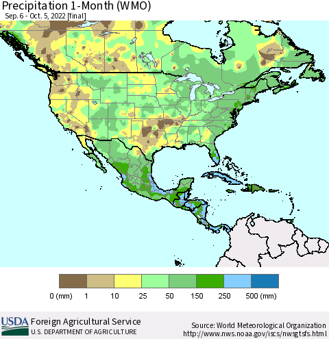 North America Precipitation 1-Month (WMO) Thematic Map For 9/6/2022 - 10/5/2022
