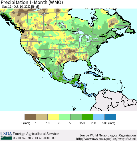 North America Precipitation 1-Month (WMO) Thematic Map For 9/11/2022 - 10/10/2022