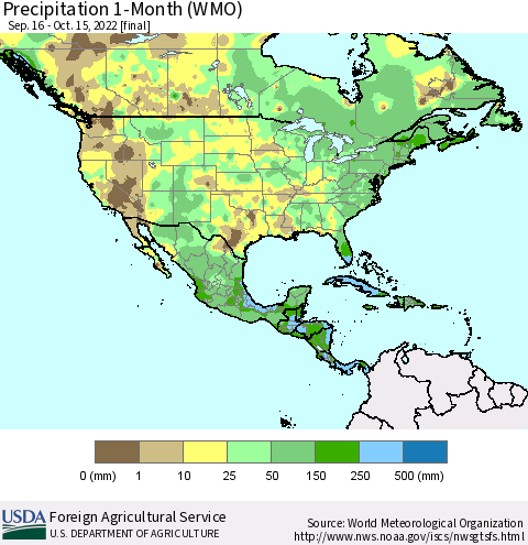 North America Precipitation 1-Month (WMO) Thematic Map For 9/16/2022 - 10/15/2022