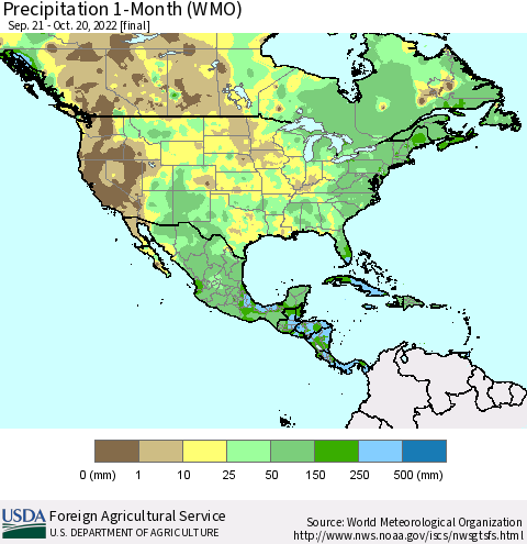 North America Precipitation 1-Month (WMO) Thematic Map For 9/21/2022 - 10/20/2022