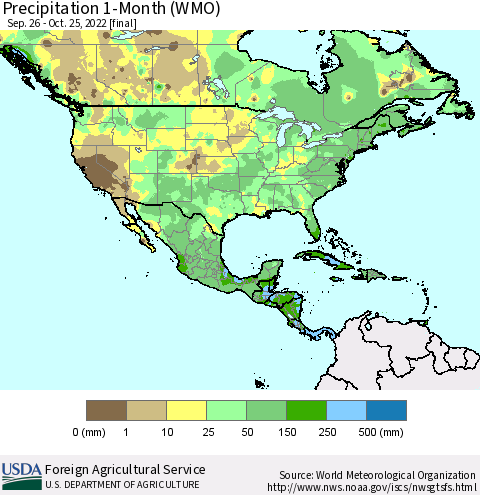North America Precipitation 1-Month (WMO) Thematic Map For 9/26/2022 - 10/25/2022