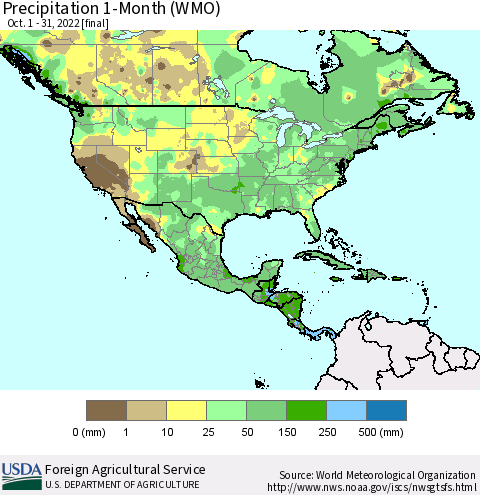 North America Precipitation 1-Month (WMO) Thematic Map For 10/1/2022 - 10/31/2022