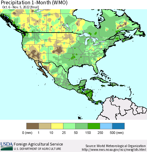 North America Precipitation 1-Month (WMO) Thematic Map For 10/6/2022 - 11/5/2022