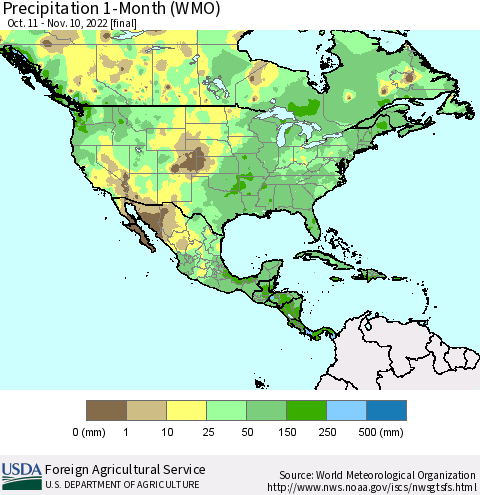 North America Precipitation 1-Month (WMO) Thematic Map For 10/11/2022 - 11/10/2022
