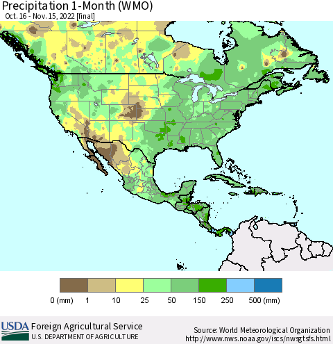 North America Precipitation 1-Month (WMO) Thematic Map For 10/16/2022 - 11/15/2022
