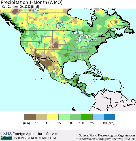 North America Precipitation 1-Month (WMO) Thematic Map For 10/21/2022 - 11/20/2022
