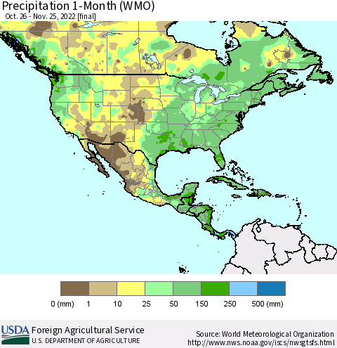 North America Precipitation 1-Month (WMO) Thematic Map For 10/26/2022 - 11/25/2022