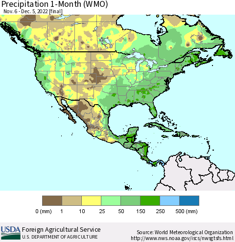 North America Precipitation 1-Month (WMO) Thematic Map For 11/6/2022 - 12/5/2022