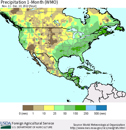 North America Precipitation 1-Month (WMO) Thematic Map For 11/11/2022 - 12/10/2022