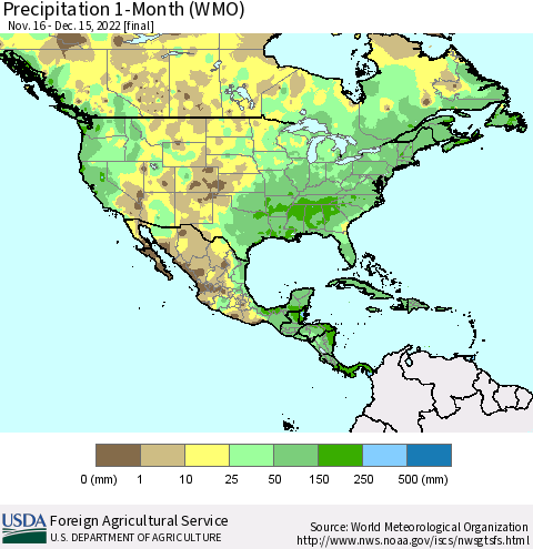 North America Precipitation 1-Month (WMO) Thematic Map For 11/16/2022 - 12/15/2022