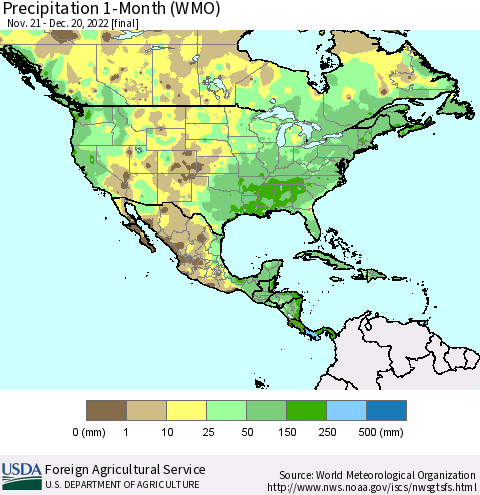 North America Precipitation 1-Month (WMO) Thematic Map For 11/21/2022 - 12/20/2022